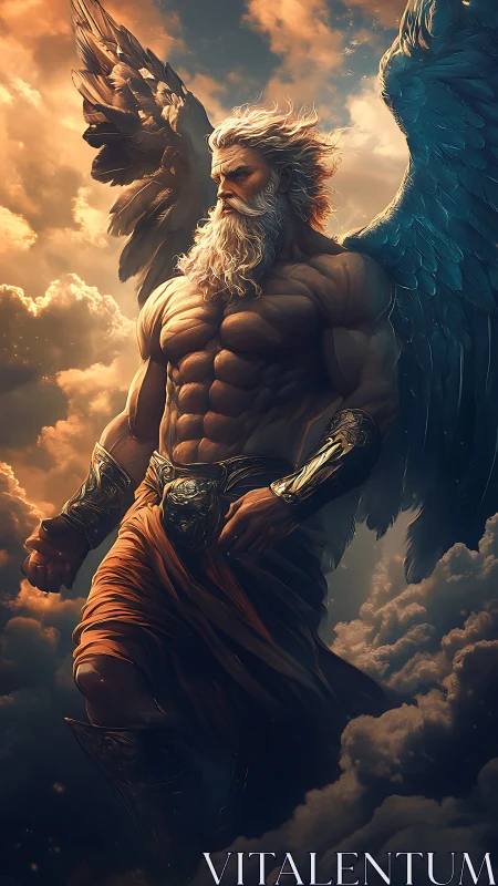 Storm-worn archangel strolls through molten evening clouds