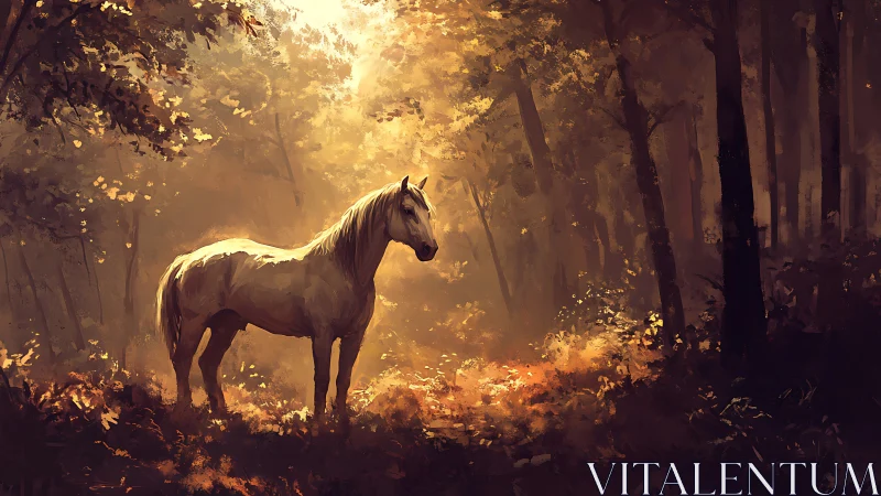 Golden morning light welcomes a calm horse in quiet woods