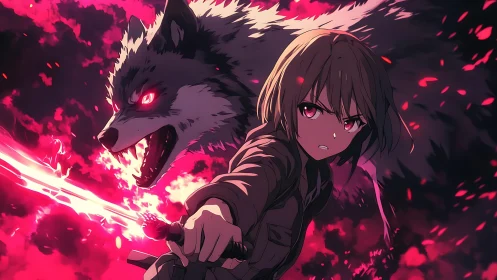 Wolf-bound swordswoman channels burning crimson fury.