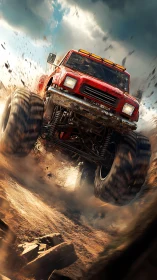 Roaring red monster truck kicking up stormy desert dust.