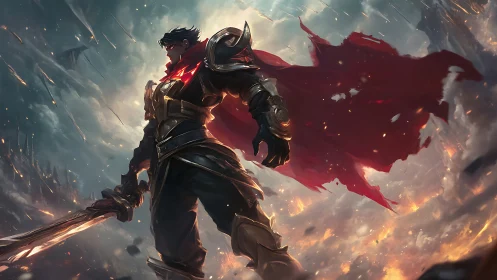 Armored swordsman stands in dynamic storm-lit battlefield scene