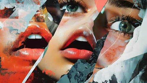 Fragmented composite of female face details in layered collage.