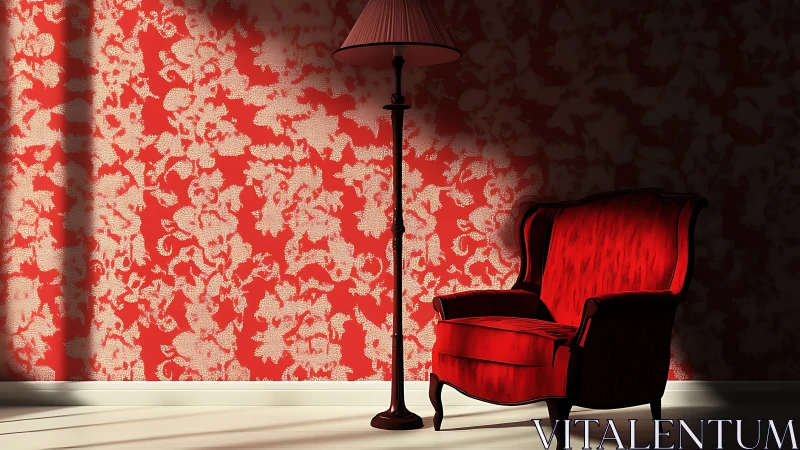 Red upholstered armchair and floor lamp against patterned wall.