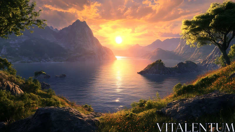 Sunset over calm mountain lake with rocky green shoreline.