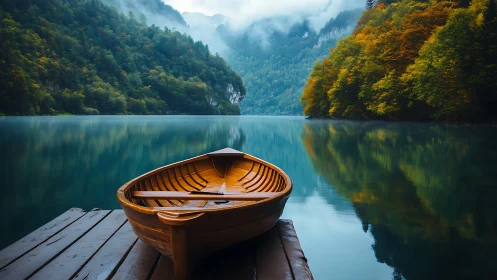 Wooden rowboat waiting on a misty forest lake at dawn.