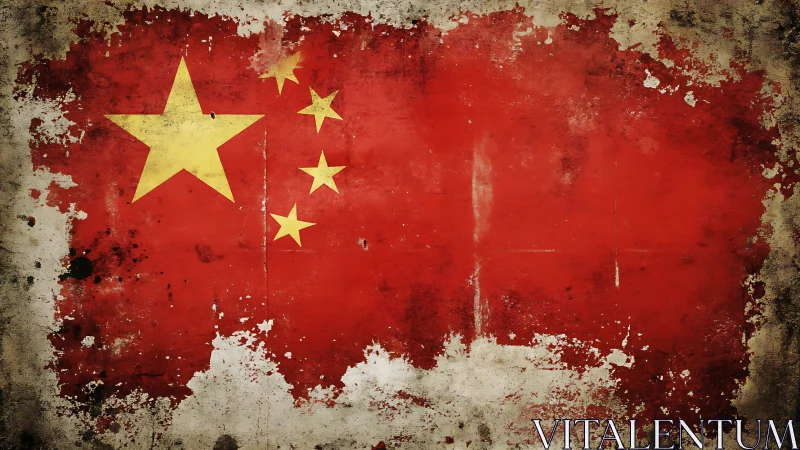 Weathered China flag with distressed grunge texture wall.