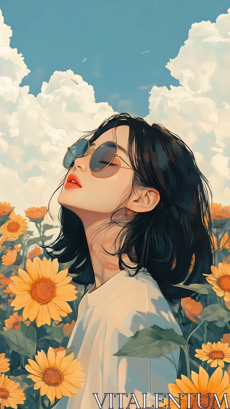 Sunlit girl in sunglasses enjoys calm among bright sunflowers