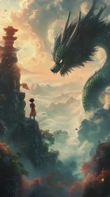 Skycliff apprentice greets emerald storm-dragon above clouds.