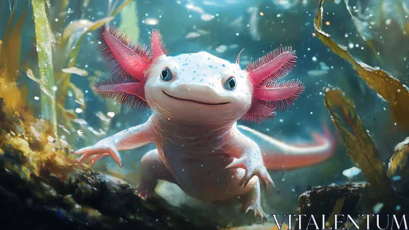 Bioluminescent axolotl swims through kelp forest with volumetric light