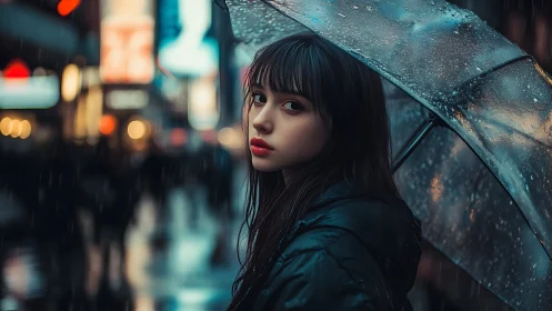 Rain-soaked city portrait under transparent umbrella at dusk