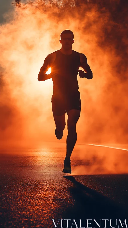 Backlit endurance runner in high-contrast atmospheric flare.