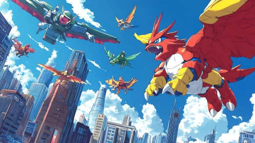 Armored dragon mecha and robotic birds patrol a stylized skyline