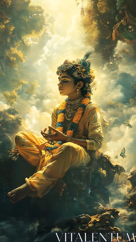 Divine child in golden clouds, drifting through sacred stillness.
