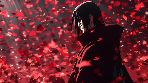 Solitary anime figure stands amid swirling crimson leaves.