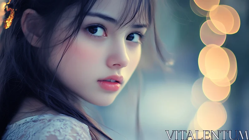 Soft-lit girl in profile beside golden bokeh orbs at dusk.