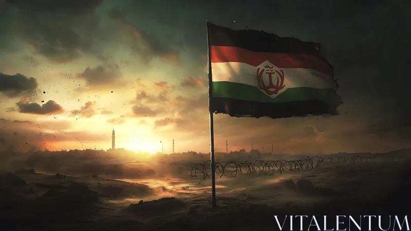 War-torn desert skyline with tattered tricolor flag at sunset
