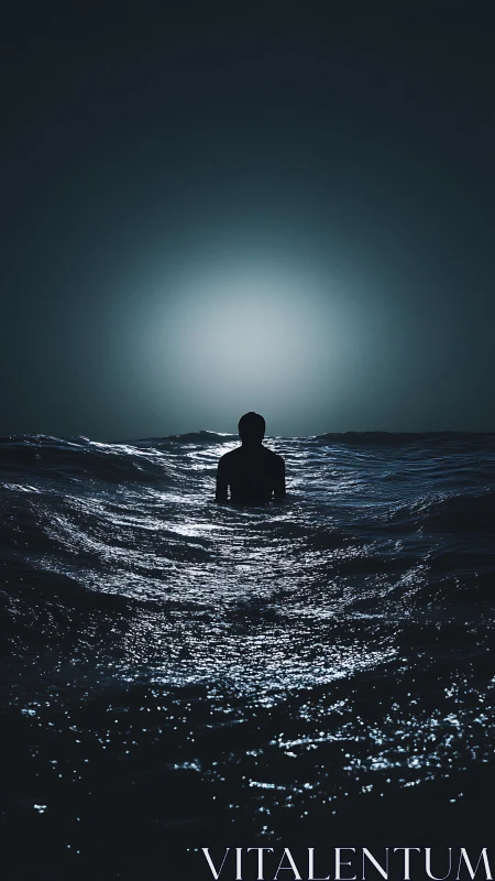 Solitary silhouette in moonlit midnight waves at sea.
