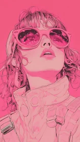 Pink neon portrait shows girl in reflective sunglasses gazing upward