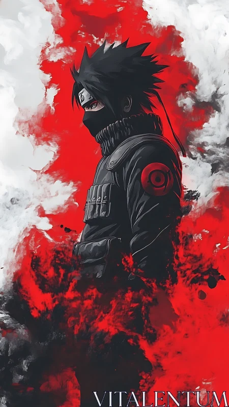 Brooding masked ninja stands within swirling crimson storm