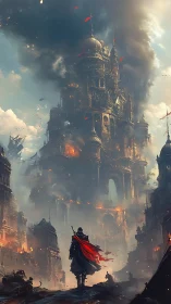 Central fortified tower burns amid dense urban destruction