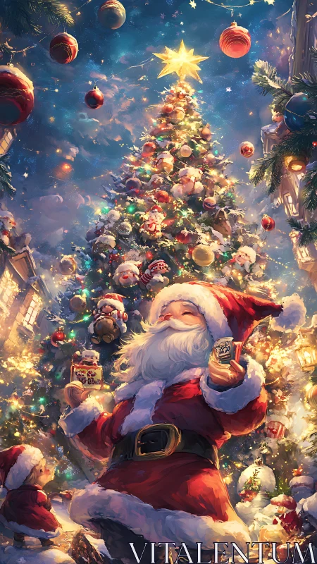 Santa Claus stands before tall lit Christmas tree at night