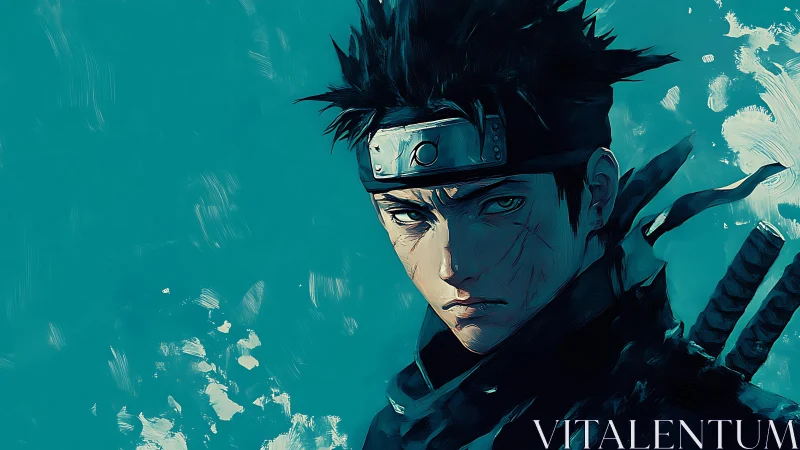 Stoic anime swordsman glares through teal storm light.