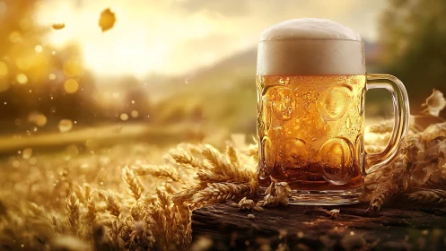 Frosted lager beer stein amid sunlit barley field at dusk