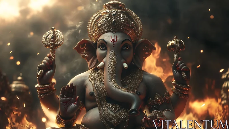 Detailed Ganesha deity statue before flames and smoke.