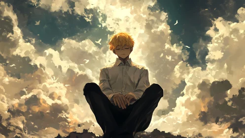 Golden dreamer drifts above a storm of painted clouds.