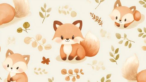 Digital watercolor fox pattern with soft botanical repeats.