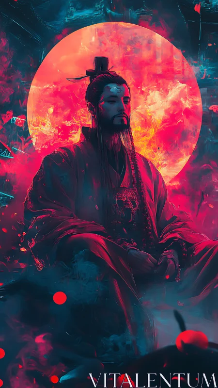 Imperial mystic meditating before a blazing crimson moon.