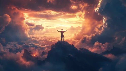 Solitary figure stands on mountain peak amid dense cloudfield