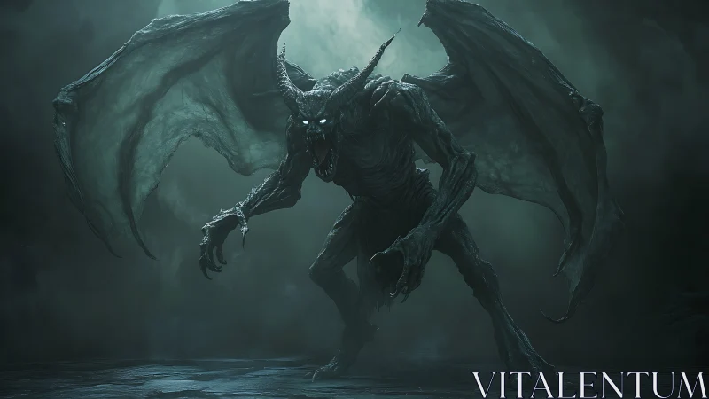 Nocturnal demonic gargoyle with bioluminescent eyes in mist