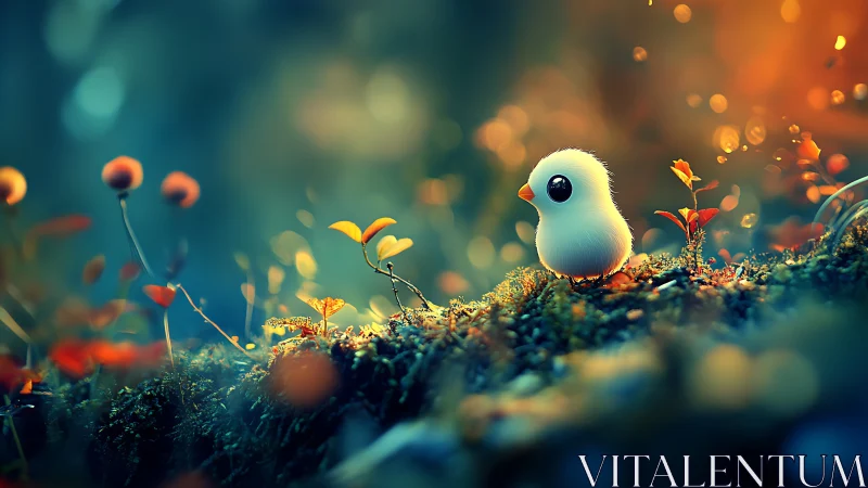 Whimsical white bird on mossy forest floor, bokeh glow.