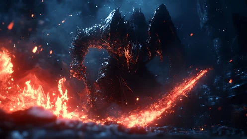 Infernal armored demon advancing through molten firestorm.