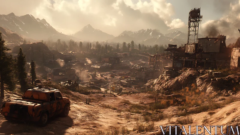 Dusty mountain outpost glows under a hazy golden sunset sky