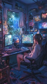 Cozy gamer sanctuary glows with screens and twilight light