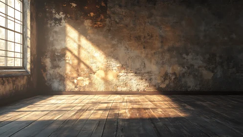 Oblique sunlight grazes a weathered industrial loft interior