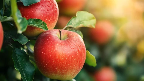 Red apples hang on tree branches with morning light