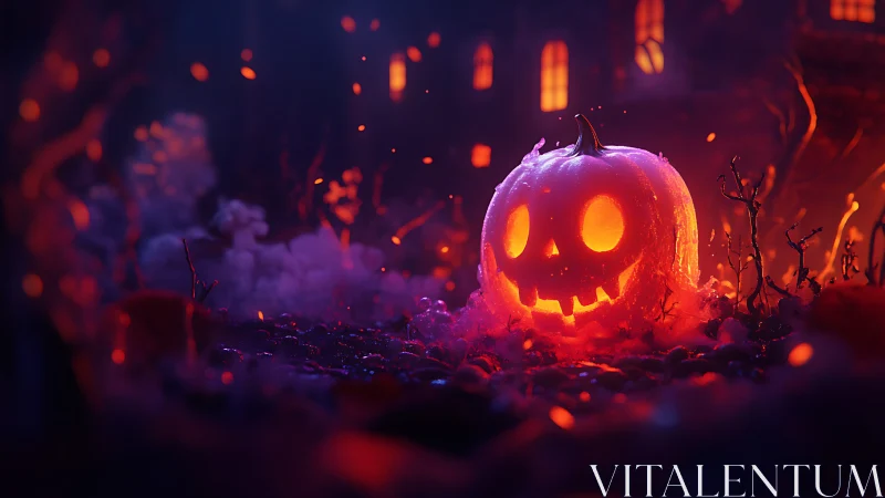 Glowing jack o lantern on ground before illuminated house.