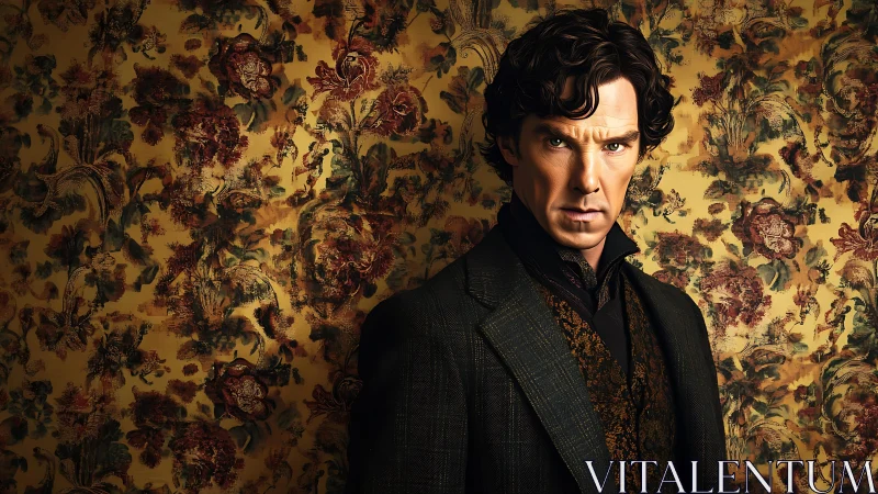 Brooding detective silhouette against stormy floralscape wall.