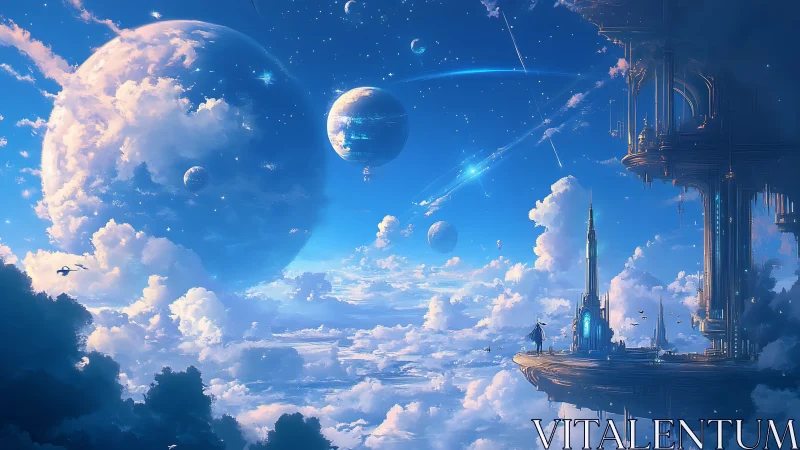 Floating sky city extends above clouds under massive planets