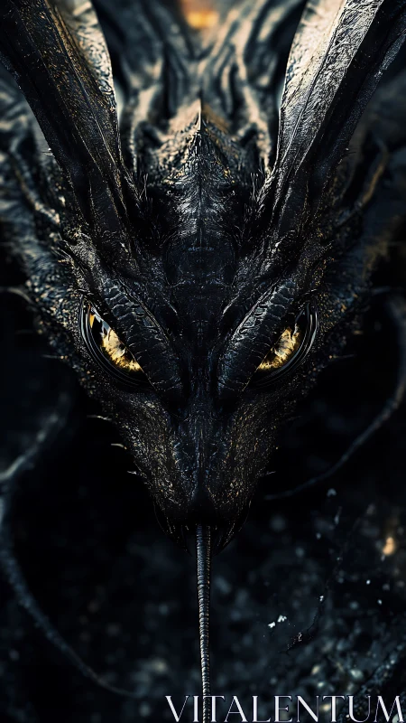 Midnight dragon moth with molten golden eyes staring close.