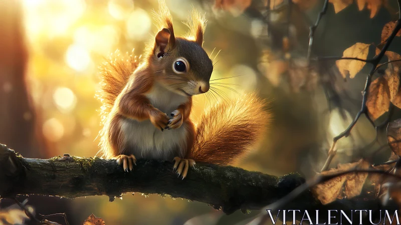 Red squirrel on tree branch in backlit forest setting.