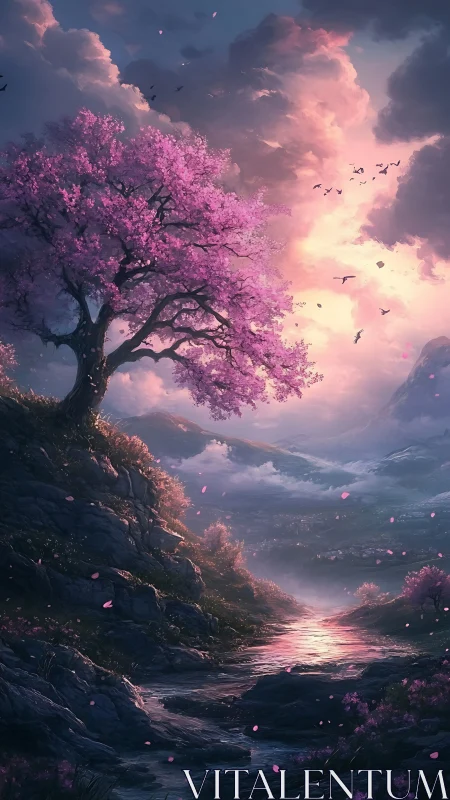 Cherry blossom tree overlooks glowing valley at sunset