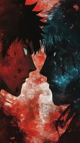 Dual-colored anime rivals confront each other in tense silence.