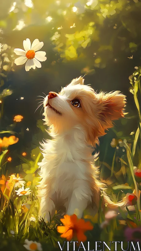 Puppy gazes at floating daisy in a warm golden meadow