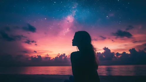 Silhouette woman under vibrant Milky Way sunset sky.