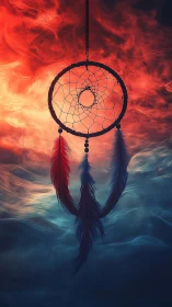 Dreamcatcher glows softly between fiery sky and calm night