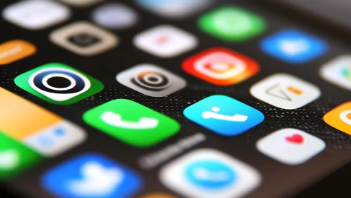 Colorful smartphone app icons glow on angled screen surface